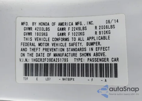 2014 Honda Accord Lx z USA, uszkodzony, nr VIN 1HGCR2F39EA251795